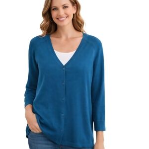 Coldwater Creek Silk Cotton Blend 3/4 Sleeve Teal Cardigan Sweater Size M